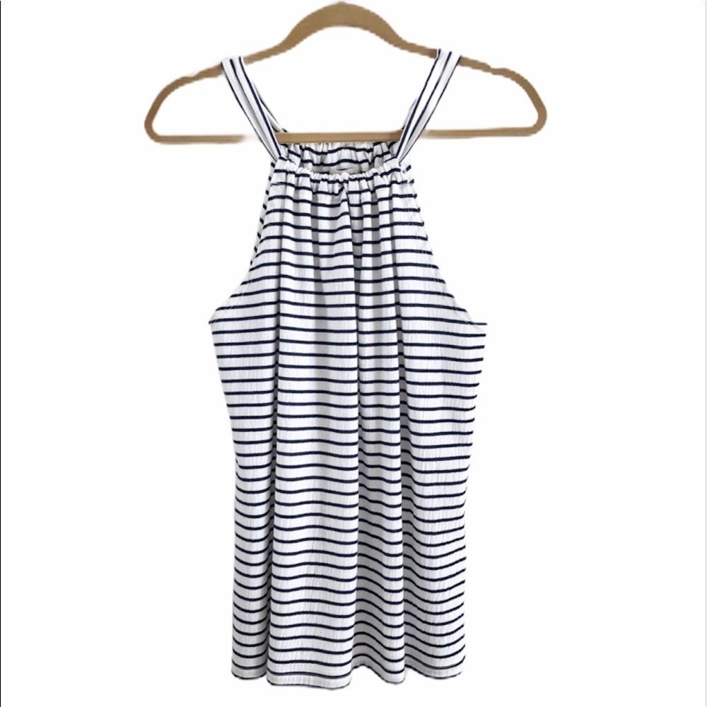 Max Studio navy and white striped sleeveless top.
